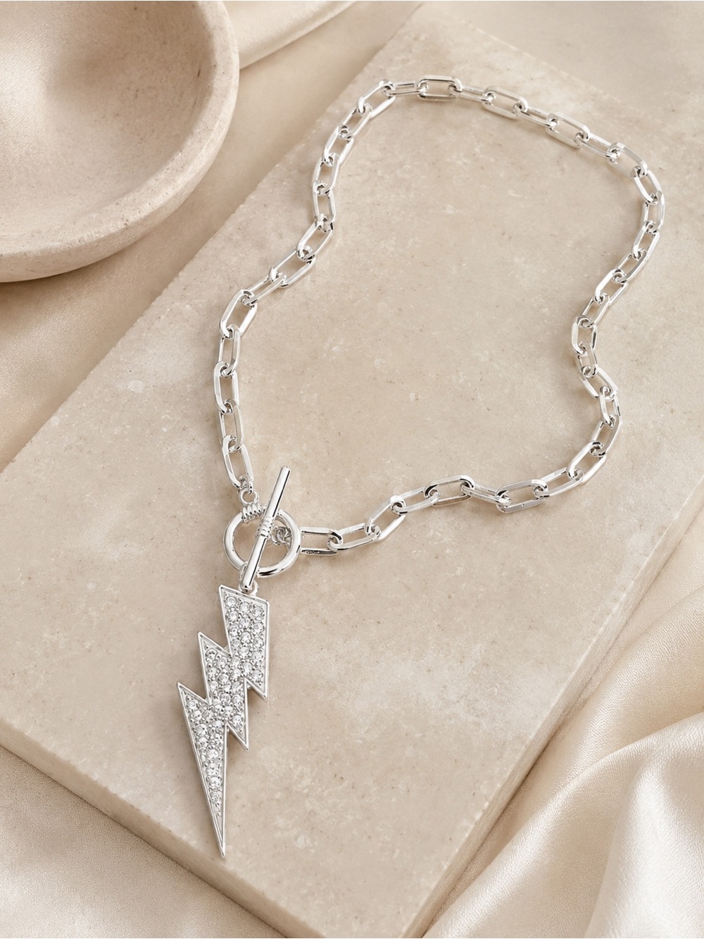 Silver Pave Lightning Bolt Pendant Necklace